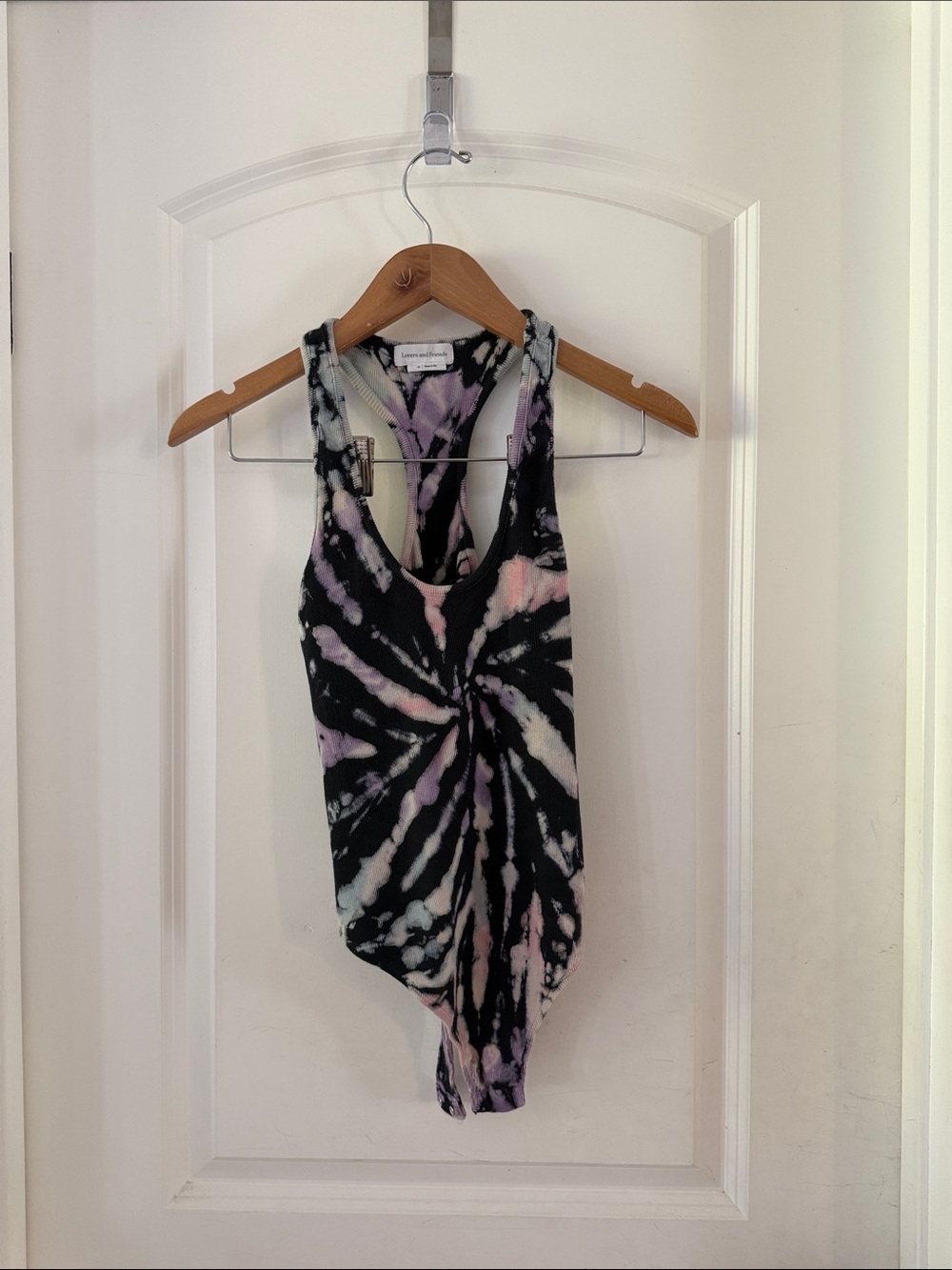 Lovers + Friends Black Tie-Dye Racerback Bodysuit with Pastel Accents